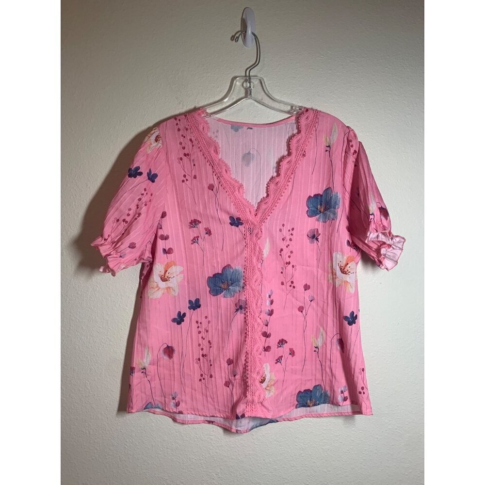 Lace Trimmed Floral Print Blouse Women's Size XL/2XL Boho Granny Cottage Pink P1